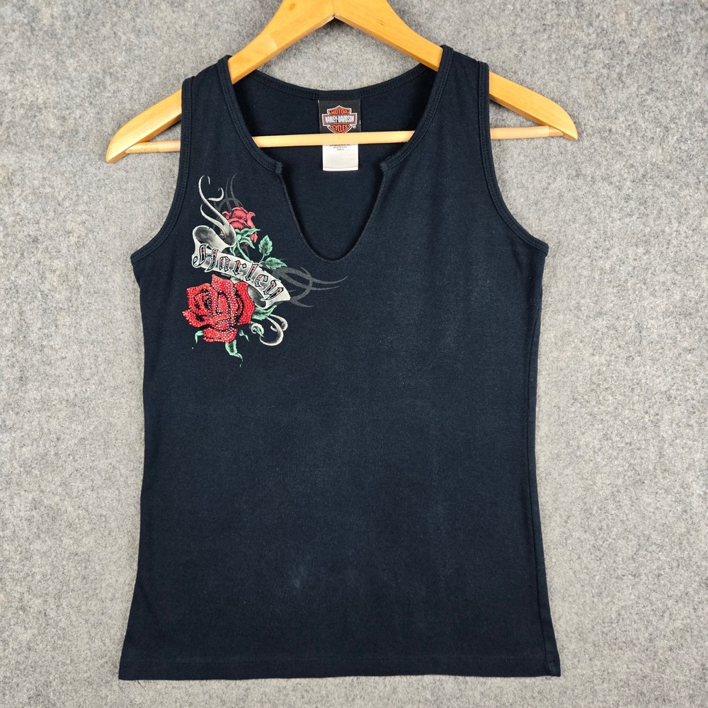Harley Davidson Tank Top Womens Small Black Rose Rhinestone Graphic Biker Y2K